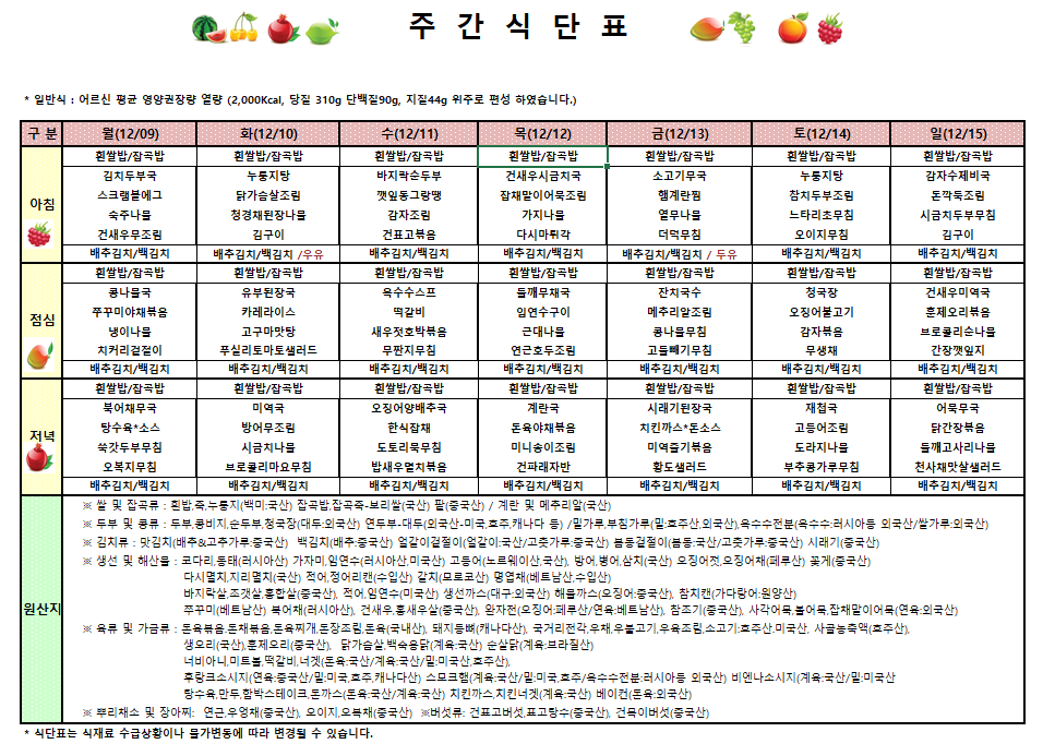 12월 2주차 식단표입니다.