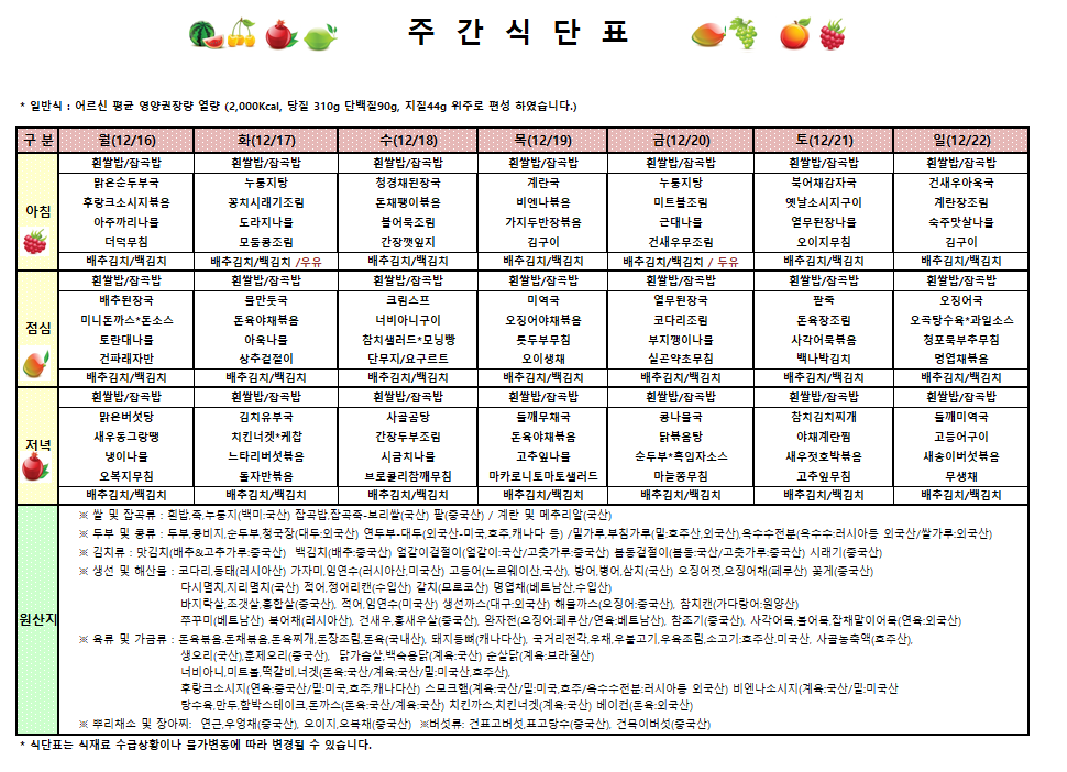 12월 3주차 식단표입니다.