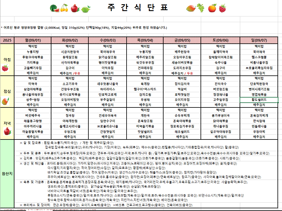 9월 1주차 식단입니다
