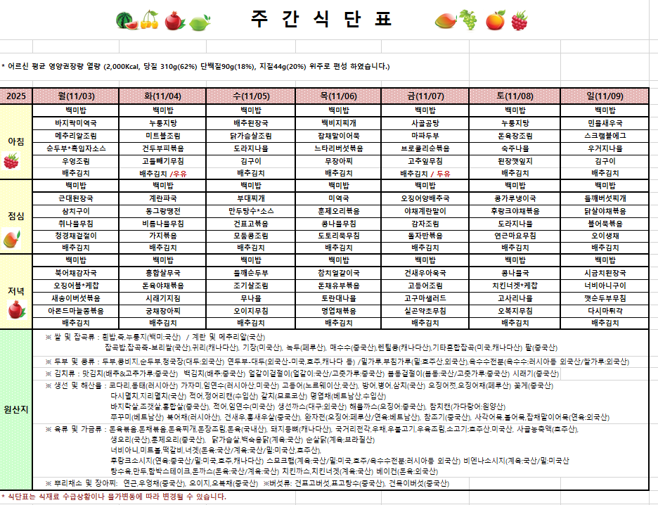 11월 1주차식단입니다
