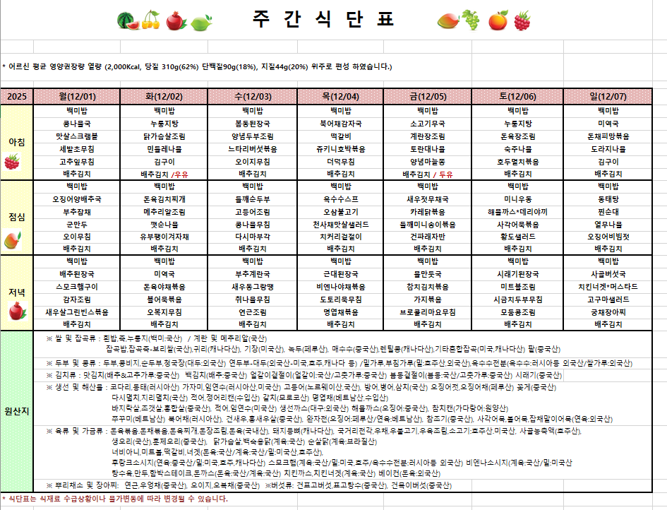 12월 1주차 식단입니다