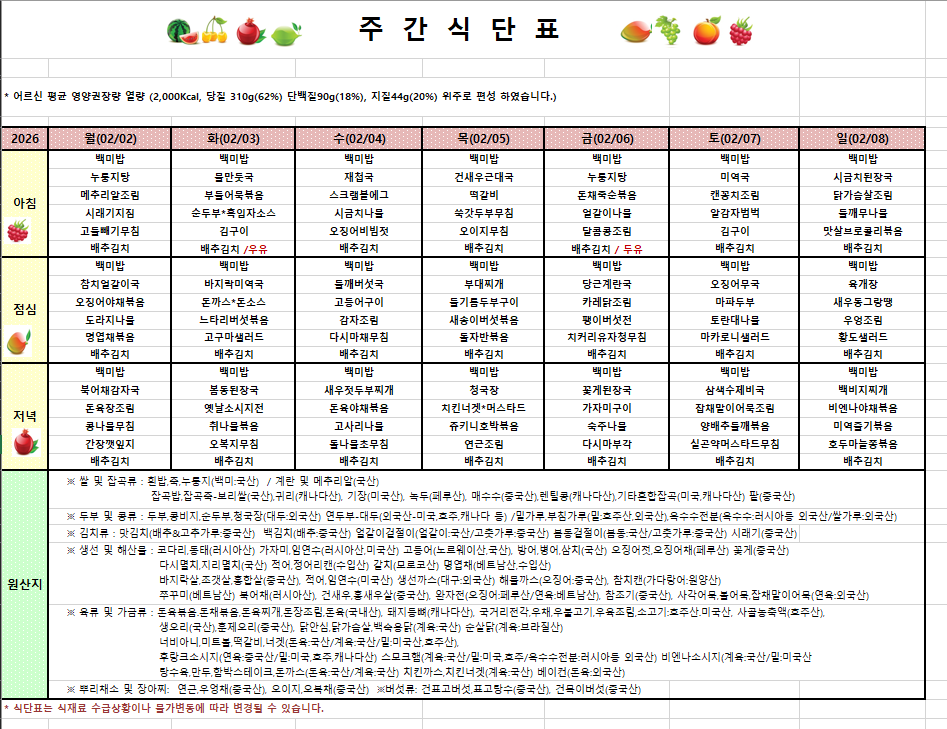 2월 1주차 식단입니다