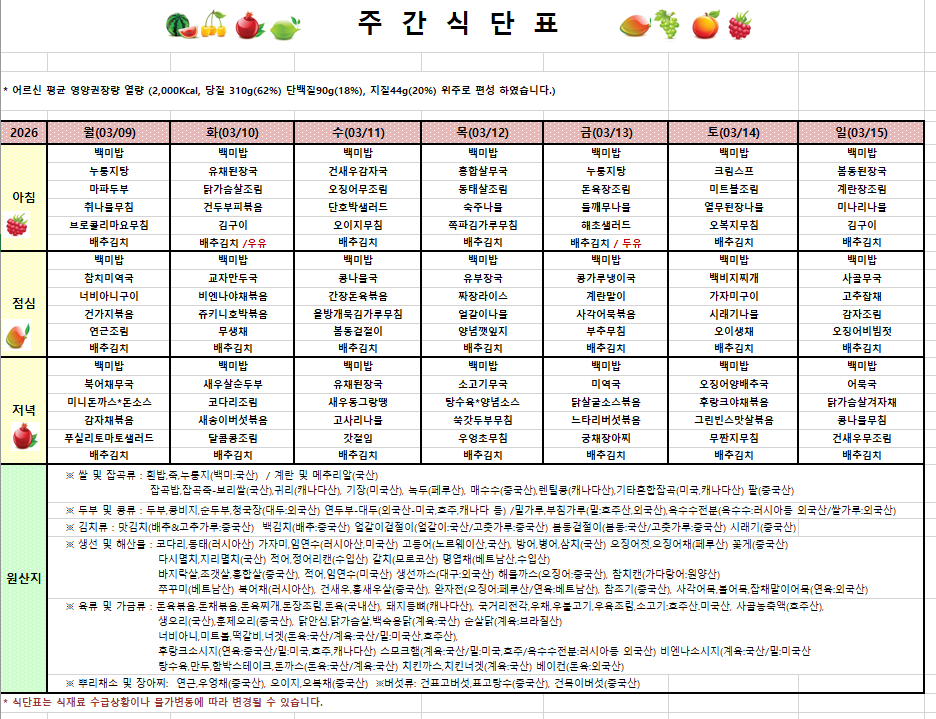 3월 2주차 식단입니다