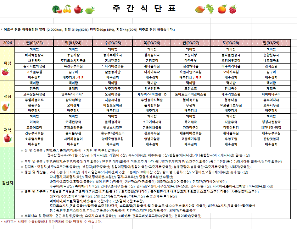 3월 4주차 식단입니다