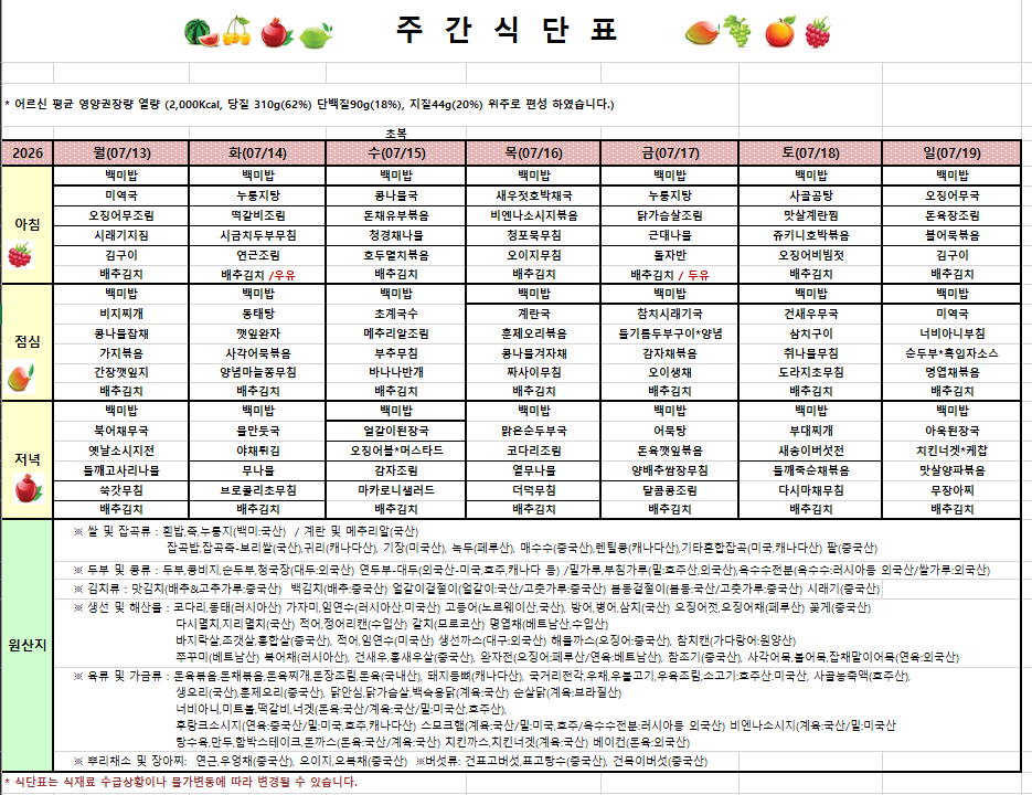 7월 3주차 식단입니다