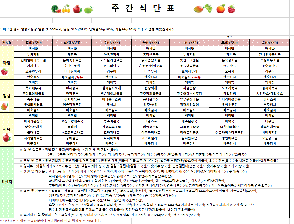7월4주차 식단입니다